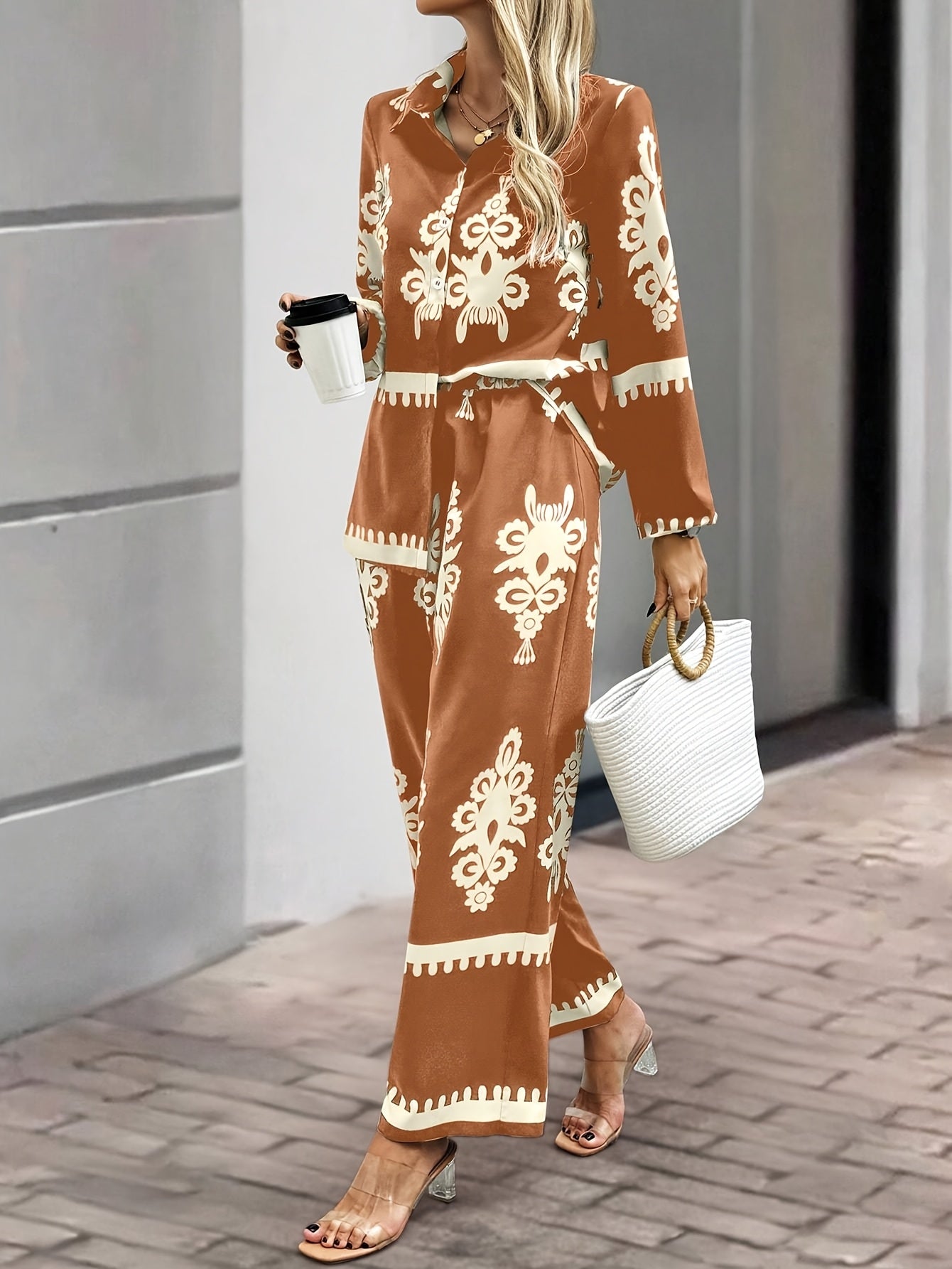 2pcs Elegant Special Set for Women with Random Print Front Button Long Sleeve Top and Pants Casual Suit