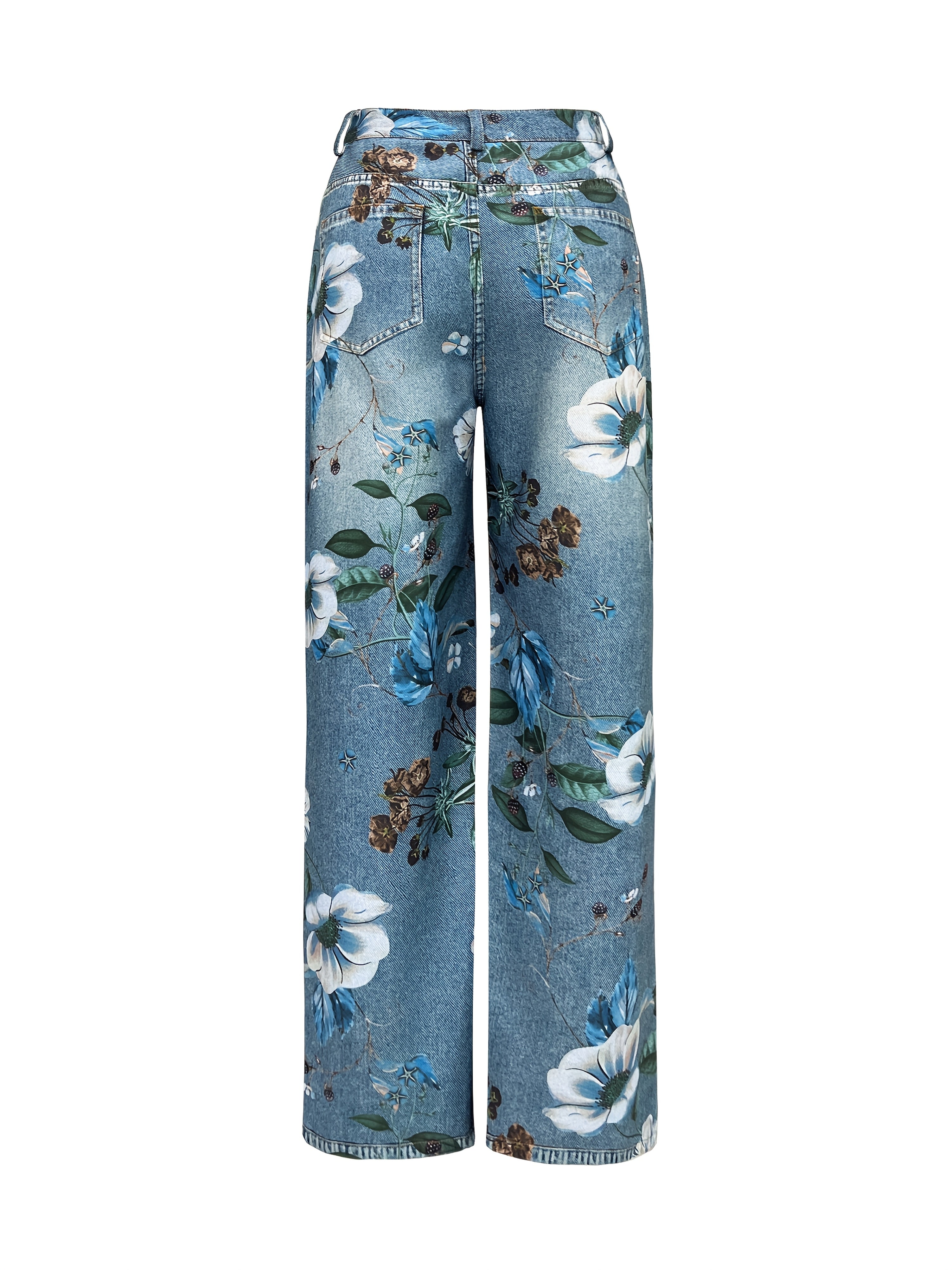 Loose-Fitting Casual Street Style Retro Floral Print High-Waisted Wide-Leg Blue Faux Denim for Women'S Fashion in All Seasons.