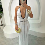 Elegant White Lace Backless Mini Dress with Golden Accents - Sleeveless, V-Neck, Ruched Detail, Perfect for Beach & Holiday Parties, Beach Party Dress | Lace Mini Dress | Ruched Detail Dress