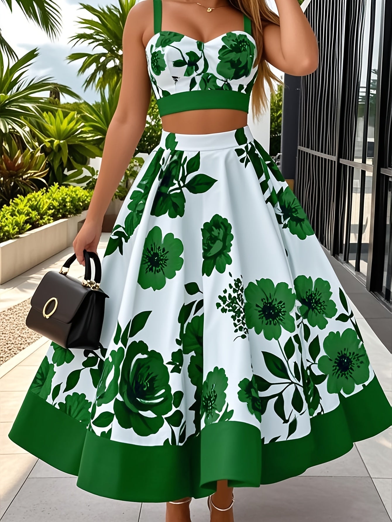 Elegant Floral Print Two-Piece Skirt Set - V-Neck Crop Top & High-Waist Flared Skirt, Polyester/Spandex Blend, Machine Washable, Perfect for Spring/Fall Fashion