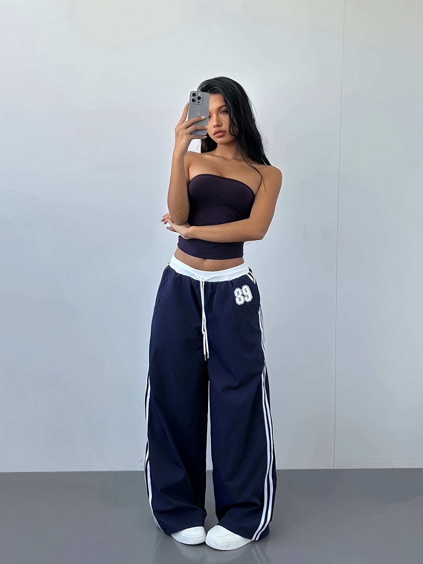 Women's Y2K Fashion Casual Pants - Navy Blue Striped Straight-Leg Trousers with Letter Detail, Drawstring Waist, Machine Washable, Polyester and Elastane Blend, Casual Wear Pants | 90S Inspired Fashion | Smooth Fabric Finish