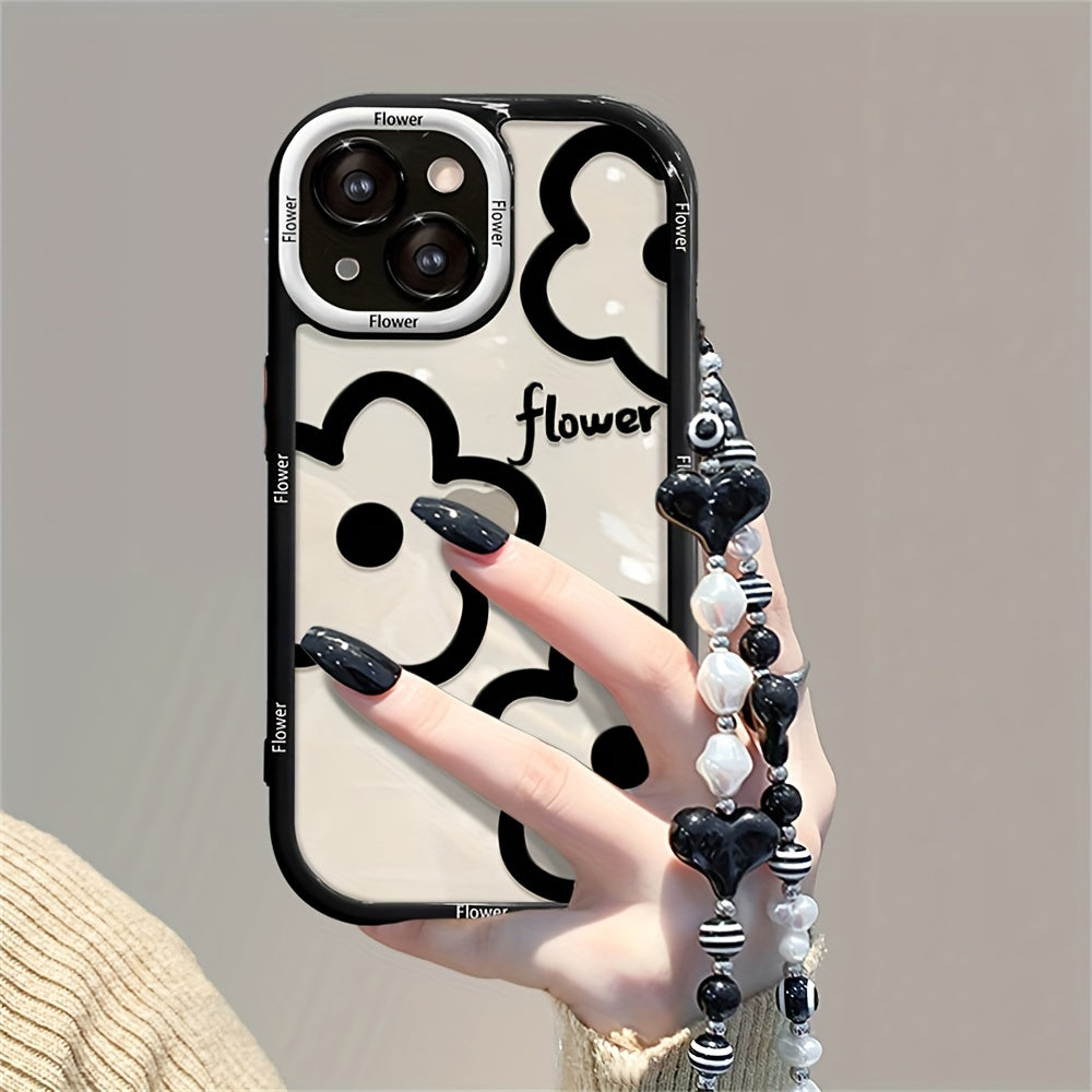 Stylish Adorable Cartoon Black Floral Heart Wrist Strap Clear Soft Case for Iphone Models 11, 12, 13, 14, 15, 16 Pro Max And Plus, Offering Shockproof Protection.