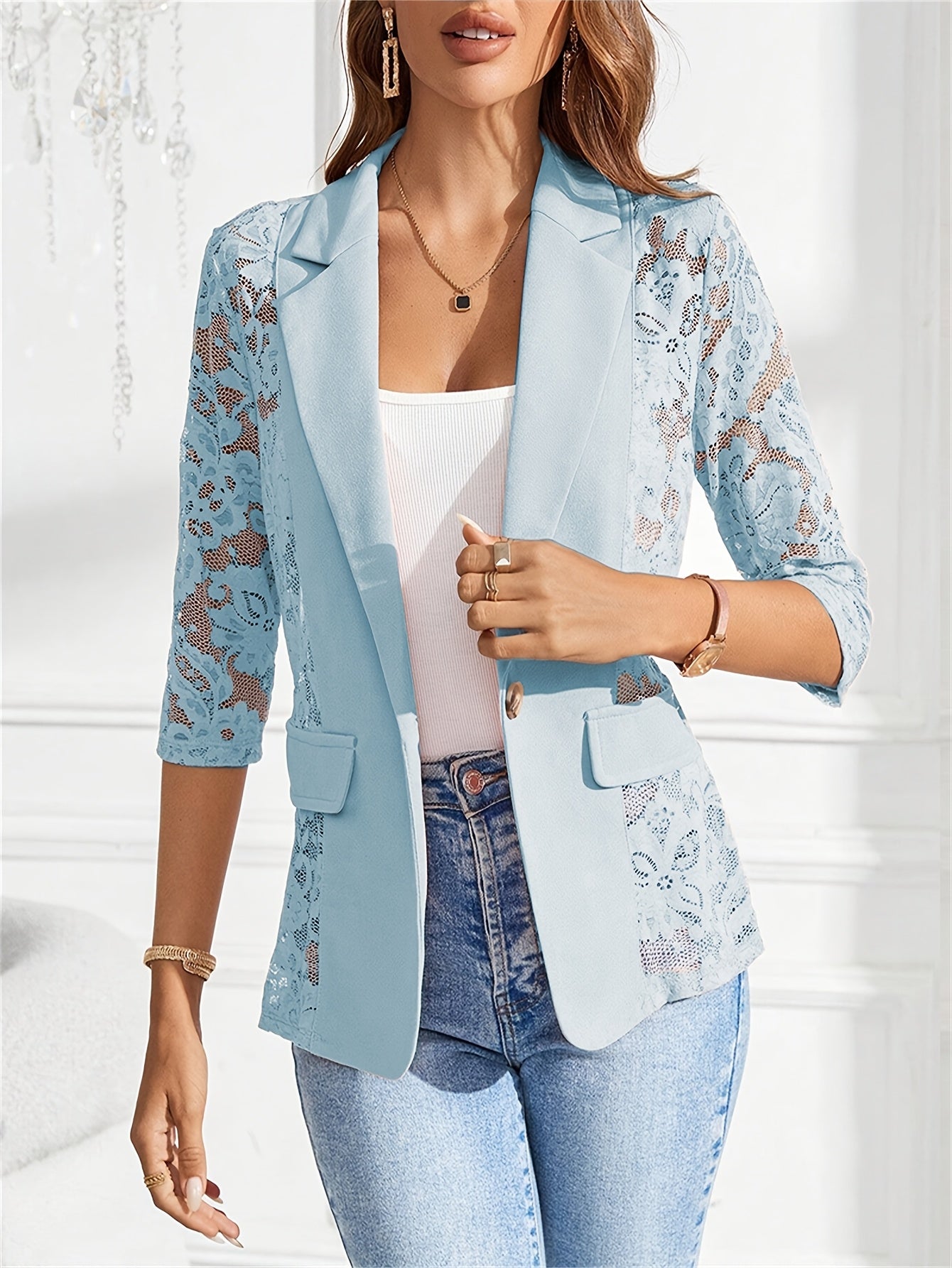 Elegant Single Breasted Lapel Guipure Lace Long Sleeve Blazer for Women - Work & Office Wear