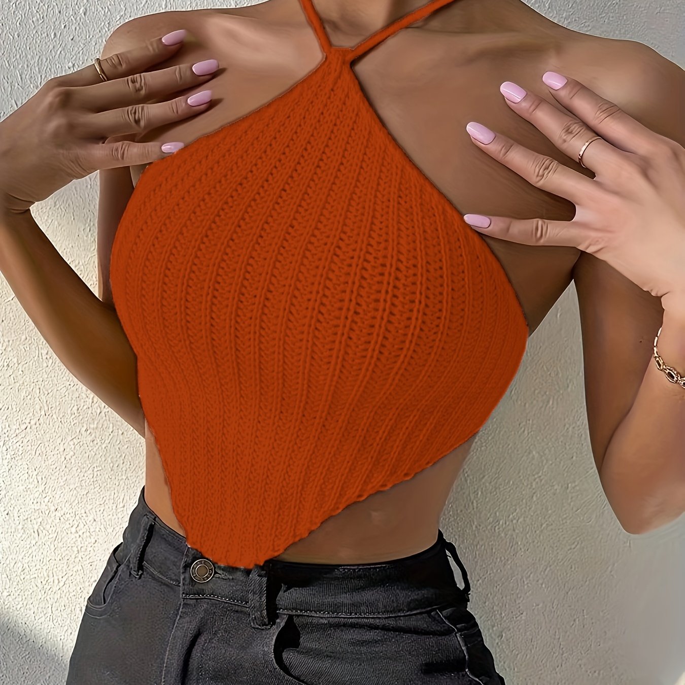 Solid Halter Neck Knit Top, Elegant Backless Hanky Hem Top For Spring & Summer - Women's Clothing - Soft & Breathable Knit Fabric - Perfect for Casual & Party Occasions - Ideal Gift for Women