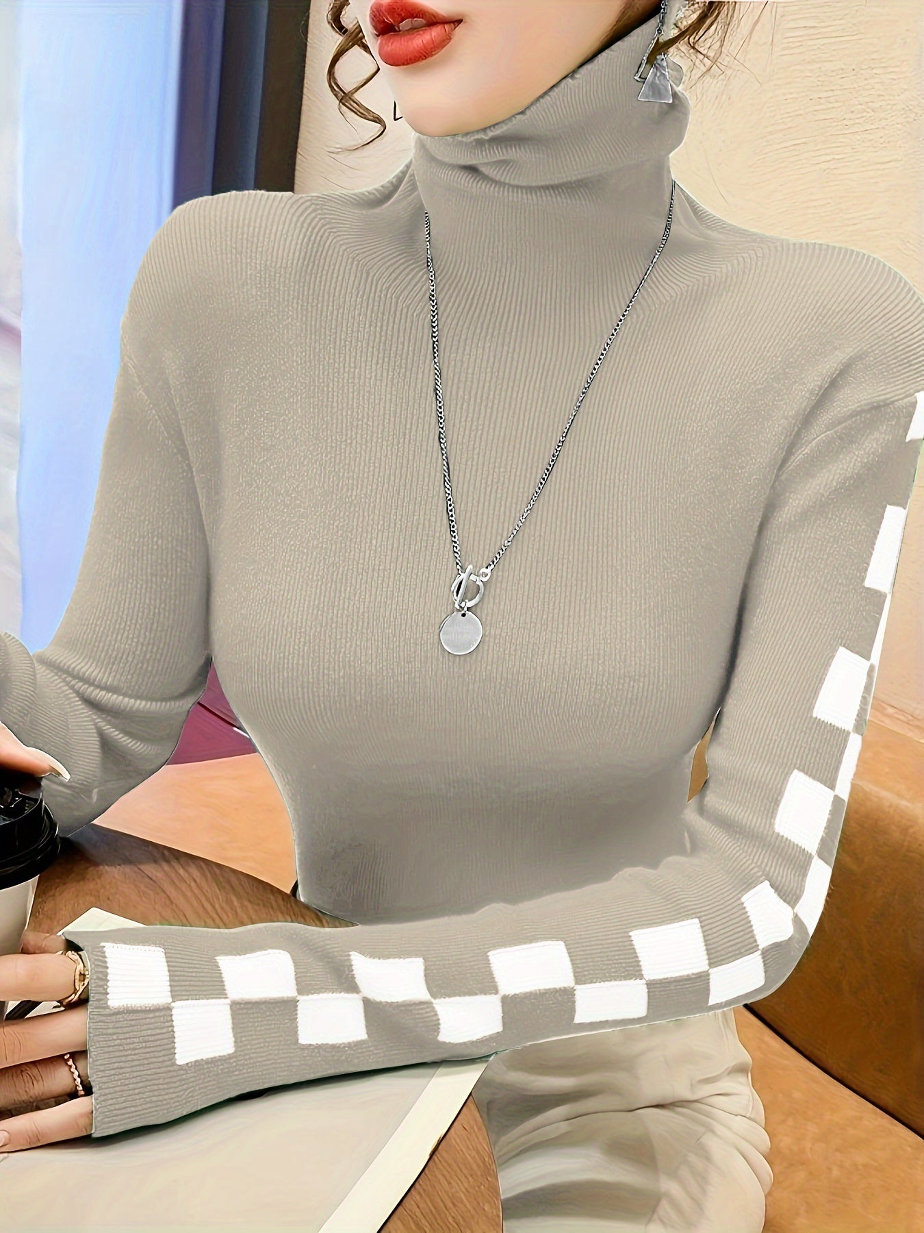 Elegant Red & White Checkered Turtleneck Sweater for Women - Slim Fit, Casual Knit Pullover with Contrasting Trim, Perfect for Fall/Winter