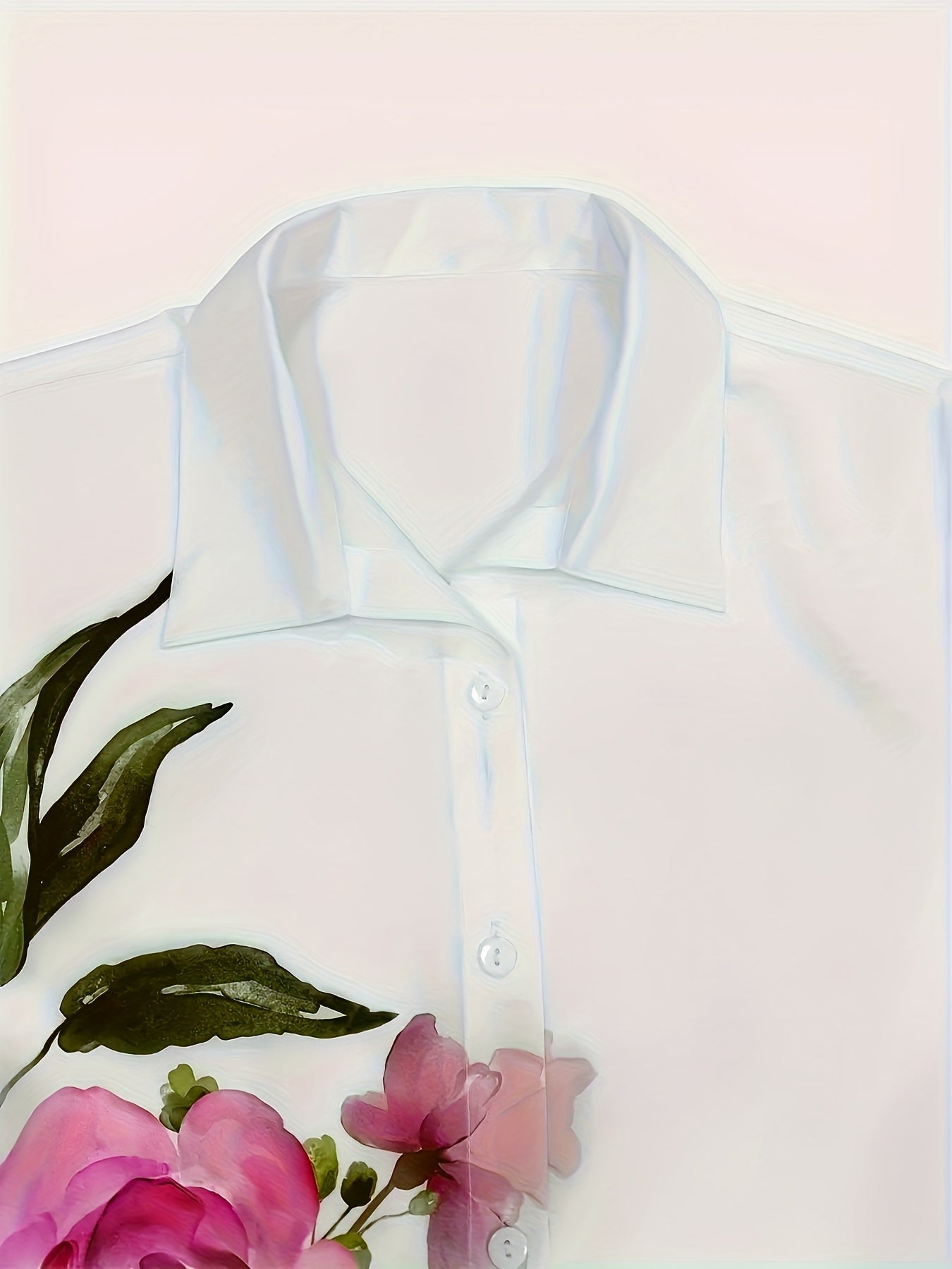 Women'S Floral Print Long Sleeve Casual Button-Up Shirt - White with Pink Roses & Green Leaves, Perfect for All Seasons, Casual Attire|Floral Print Shirt|Long Sleeve Shirt