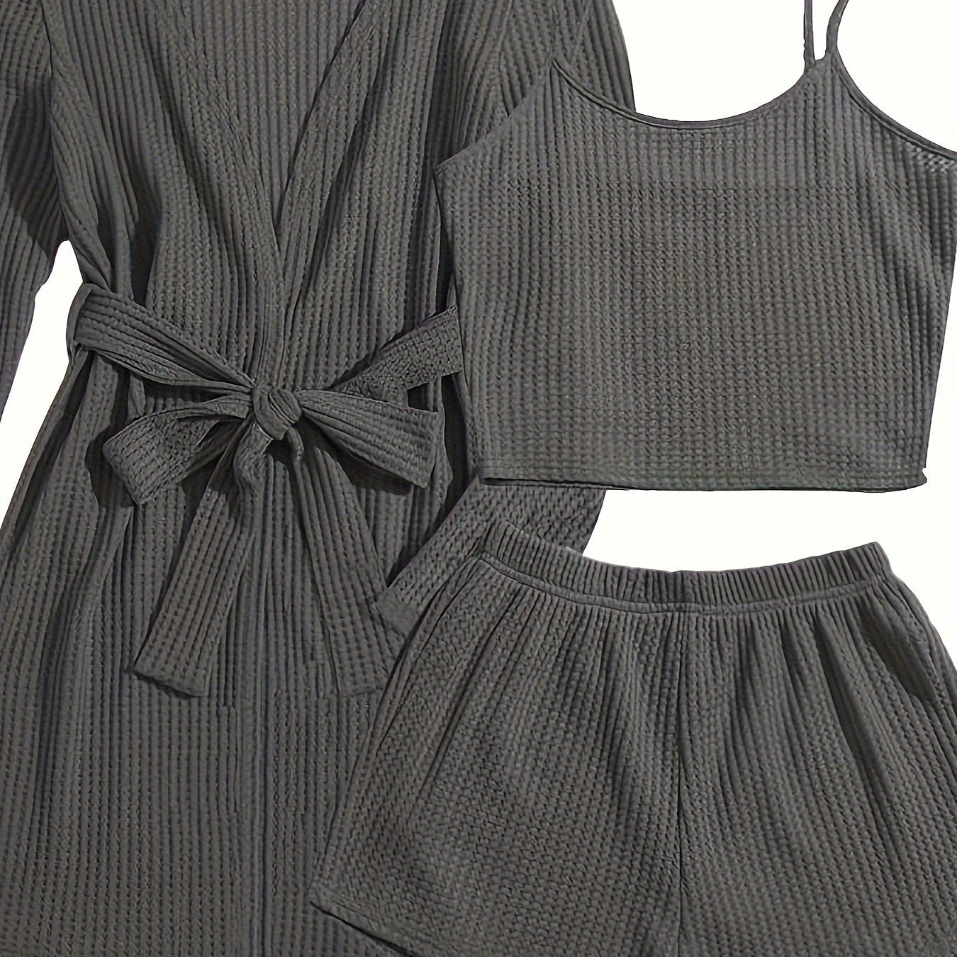 Women's Casual Solid Waffle Lounge Set, Long Sleeve Robe With Belt & Round Neck Backless Crop Cami Top & Shorts, Comfortable Relaxed Fit, Summer Home Wear