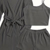 Women's Casual Solid Waffle Lounge Set, Long Sleeve Robe With Belt & Round Neck Backless Crop Cami Top & Shorts, Comfortable Relaxed Fit, Summer Home Wear