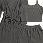 Women's Casual Solid Waffle Lounge Set, Long Sleeve Robe With Belt & Round Neck Backless Crop Cami Top & Shorts, Comfortable Relaxed Fit, Summer Home Wear