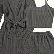 Women's Casual Solid Waffle Lounge Set, Long Sleeve Robe With Belt & Round Neck Backless Crop Cami Top & Shorts, Comfortable Relaxed Fit, Summer Home Wear
