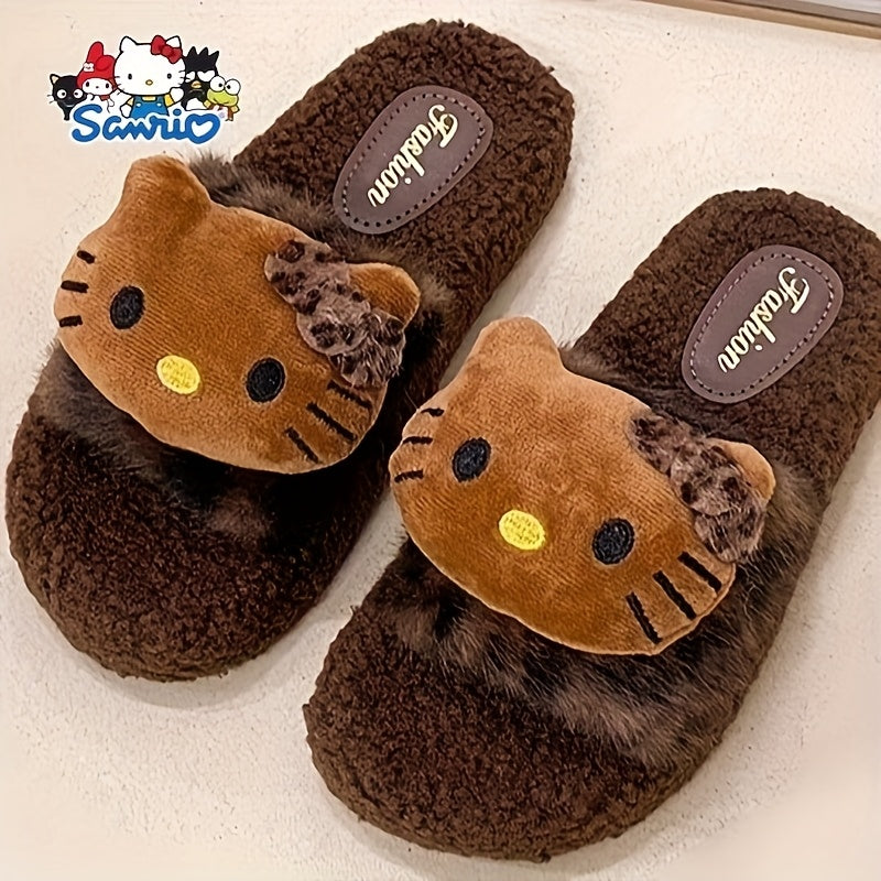 Cozy Hello Kitty Plush Leopard Print Slippers - Non-Slip Soft Sole, Lightweight & Washable, Perfect for Home & Camping, Cute Cartoon Design with Fluffy White Trim, Cozy Indoor Shoes | Playful Bedroom Shoes | PVC Sole Slippers