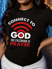 Women'S Casual Crew Neck T-Shirt with "Connect to God, The Password is Prayer" Print, Polyester 100%, Knit Fabric, 180g/m², All Seasons