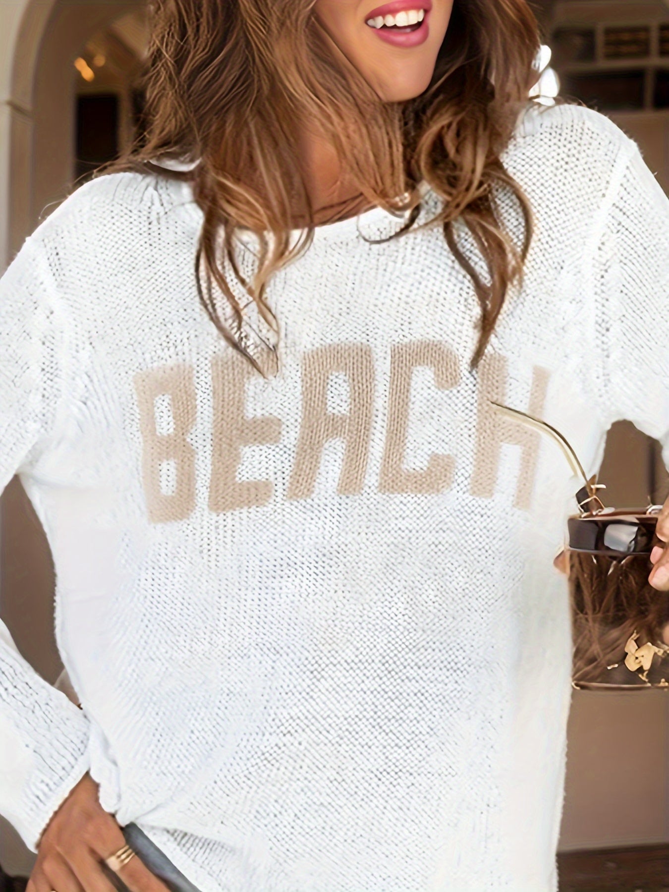 Relaxed Beach-Themed Long Sleeve Knit Sweater for Women - Spring/Autumn Season, Polyester Material, Round Neck, Letter Pattern, Casual Style