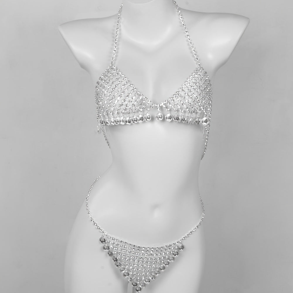 1 Set Bra + Panties Fashion Alloy Full Rhinestone Mesh Women's Bra Body Chain, Round Coin Tassel Pendant Body Chain Suitable for Parties, Music Festivals, Beach Body Accessories