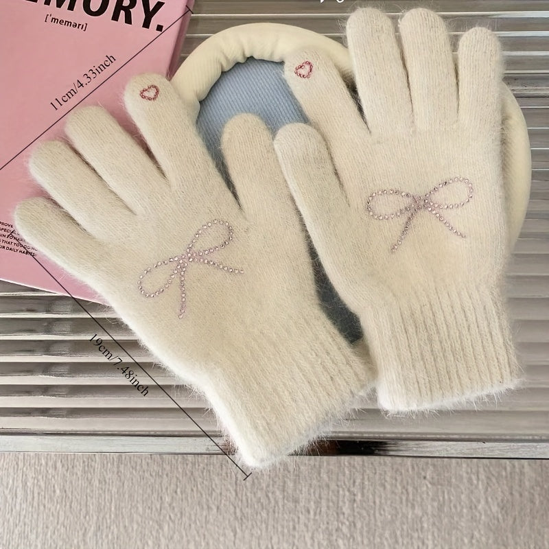 Winter Rhinestone Bow Plush Gloves for Women - Decorative Warm Polyester Mittens with Elasticity, Windproof for Night Out, No-Wash Instruction