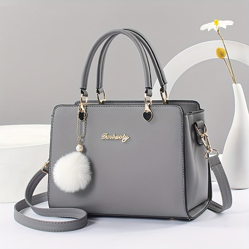 Stylish Solid Color Women's Handbag with Pom Pom Charm - Multi-Layer Crossbody Bag,, Zip Closure, Stain-Resistant, Black/White/Pink/Watermelon Red/Gray