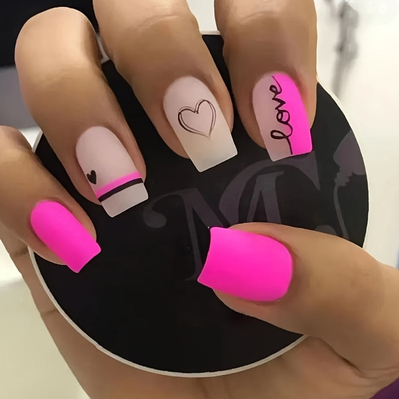Glossy Pink Square Press-On Nails with Love Heart Design - Medium Length Valentine's Day False Nails for Women & Girls, Sweet & Stylish Nail Art, Fashion Accessories | Heart Nail Art | Vibrant Pink Nails, Cute Nails