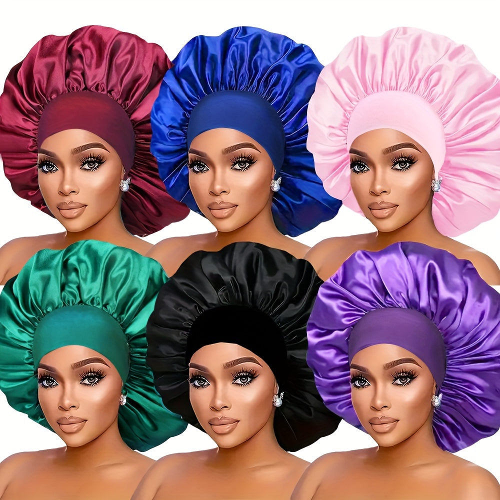 6-Pack Satin Bonnet Sleep Caps for Women - Elastic Wide Band Silky Hair Bonnets for Sleeping, Leisure, Sports - 100% Polyester Hair Protection Shower Cap Set for Curly & Straight Hair