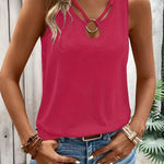 Women's Sexy Ring Detail Tank Top, 100% Polyester Knit Fabric, Crew Neck Sleeveless Solid Color Tee for All Seasons, Allseason Apparel|Stylish Crisscross Top|Glossy Texture