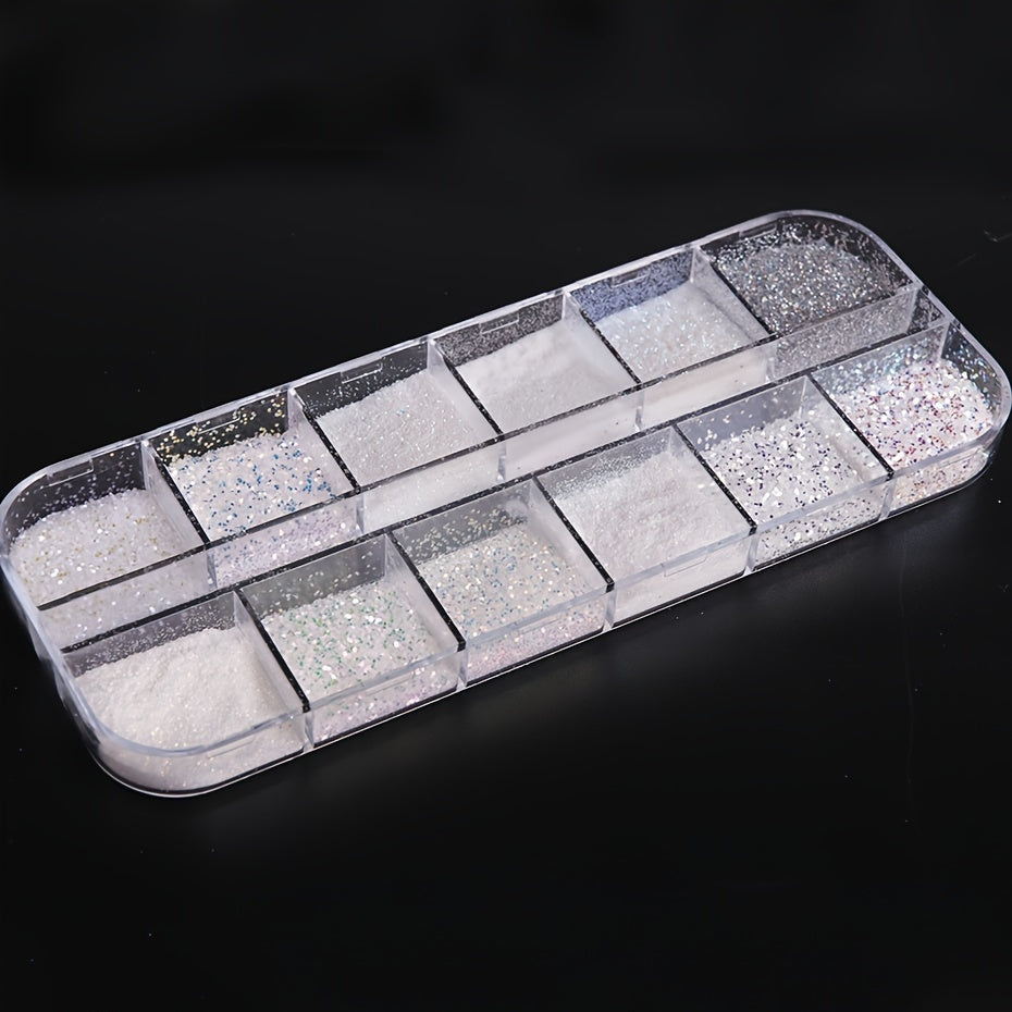 12 Grids Shiny White Sugar Nail Glitter Powder Fine Iridescent Flakes Pigment Dust Elegant Wedding Manicure Decorations