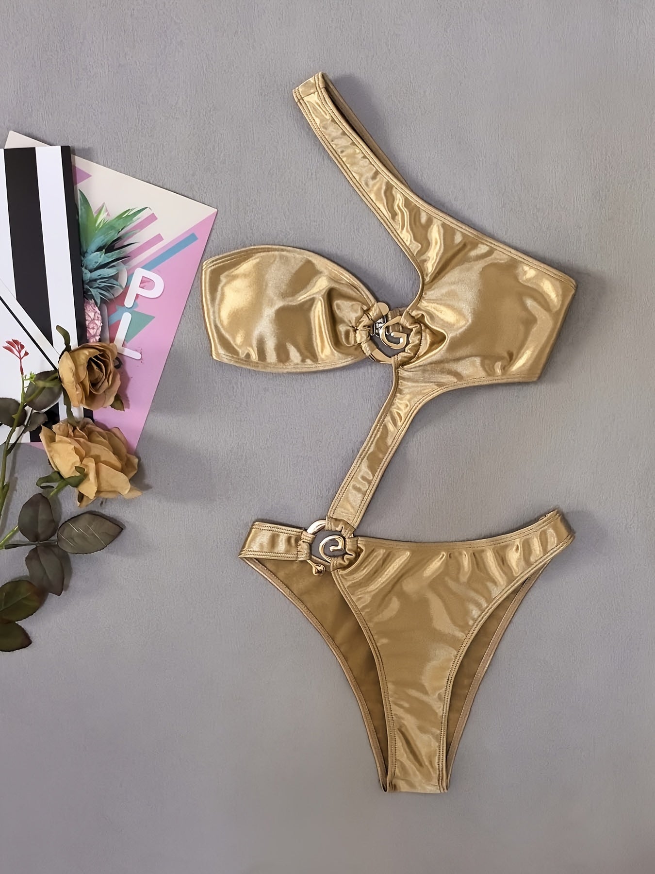 Golden Metallic Ring-Linked One-Piece Swimsuit for Women - Sexy High-Stretch Bikini with Asymmetrical Design, Glossy Finish, and Built-In Bra Pad
