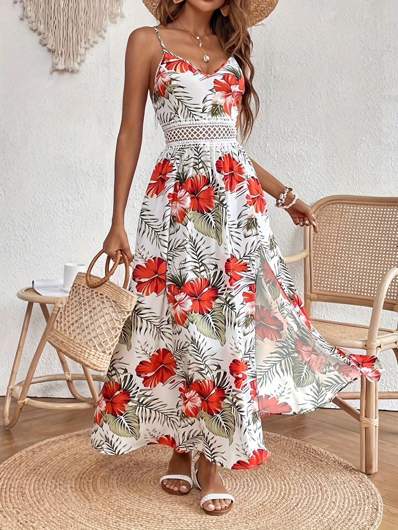 Floral Print Spaghetti Strap Dress - Elegant Sleeveless Split Dress For Spring & Summer - Women's Clothing -  For Women - Perfect for Parties & Casual Occasions - Ideal Gift for Her