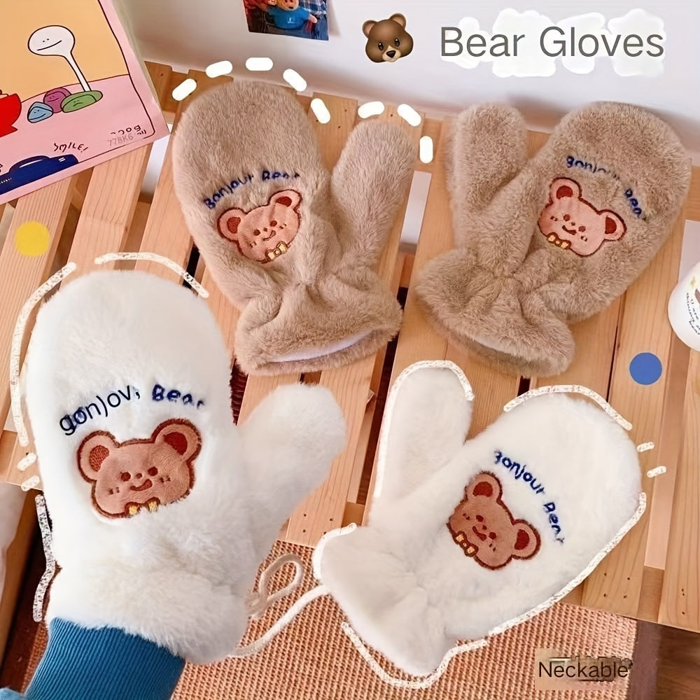 Cozycraft, Cozy Fleece-Lined Winter Gloves with Cute Bear Design - Windproof, Warm Mittens for Outdoor Activities, Non-Slip Touchscreen Compatible, Winter Accessories