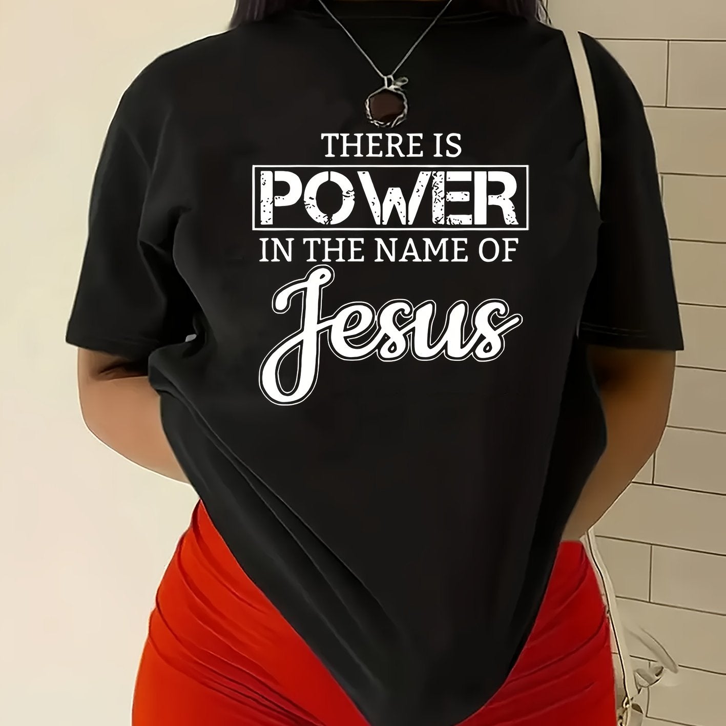 Women's Inspirational Jesus Power Quote T-Shirt - Casual Crew Neck, Short Sleeve, Beige Polyester Tee with Artistic Letter Print, Machine Washable, Casual Wear|Graphic Tee|Polyester Fabric