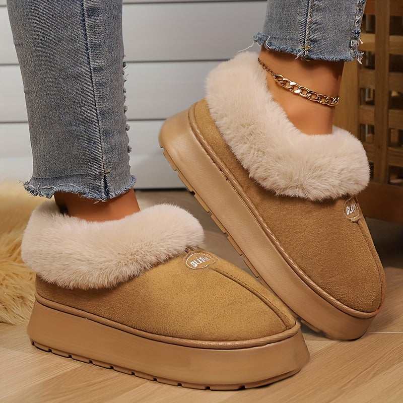 Winter Warm Fleece Slippers, Casual Solid Color Indoor Home Comfort Slip-Resistant Quiet Short Boots, All-Season Fabric Upper/Inner with EVA Sole and Fabric Insole