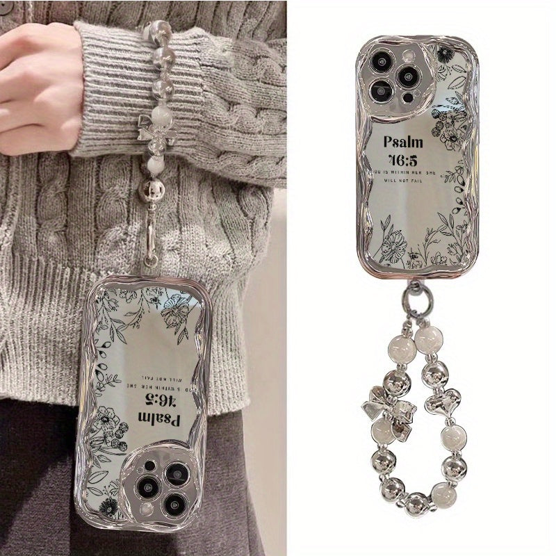Electroplated Silver Curved Edge Pattern Mobile Phone Case with Pearl Bracelet Lanyard Design, Anti-fall, Durable, Unique Pattern, Compatible with iPhone 16 15 14 13 12 11 Pro Promax 16 15 14 Plus Cute Fashion Thickened Shock