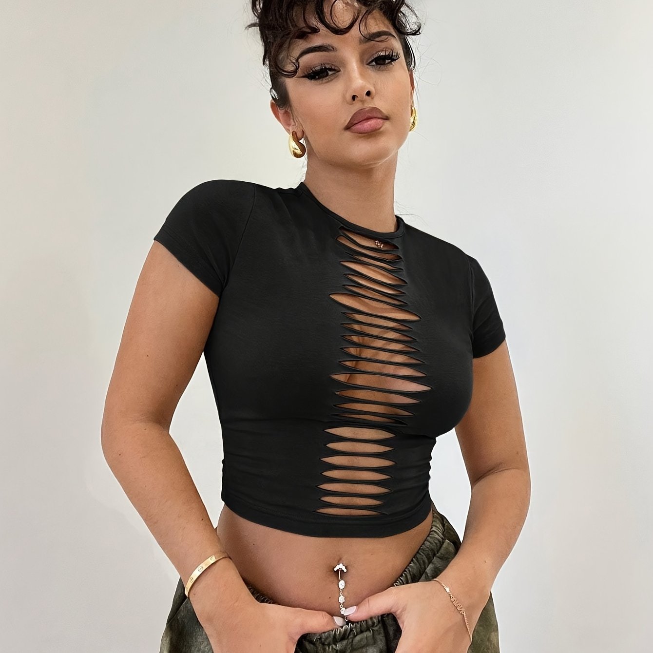 Solid Color Cut Out Crop Top, Casual Short Sleeve Slim Crop T-shirt For Spring & Summer, Women's Clothing