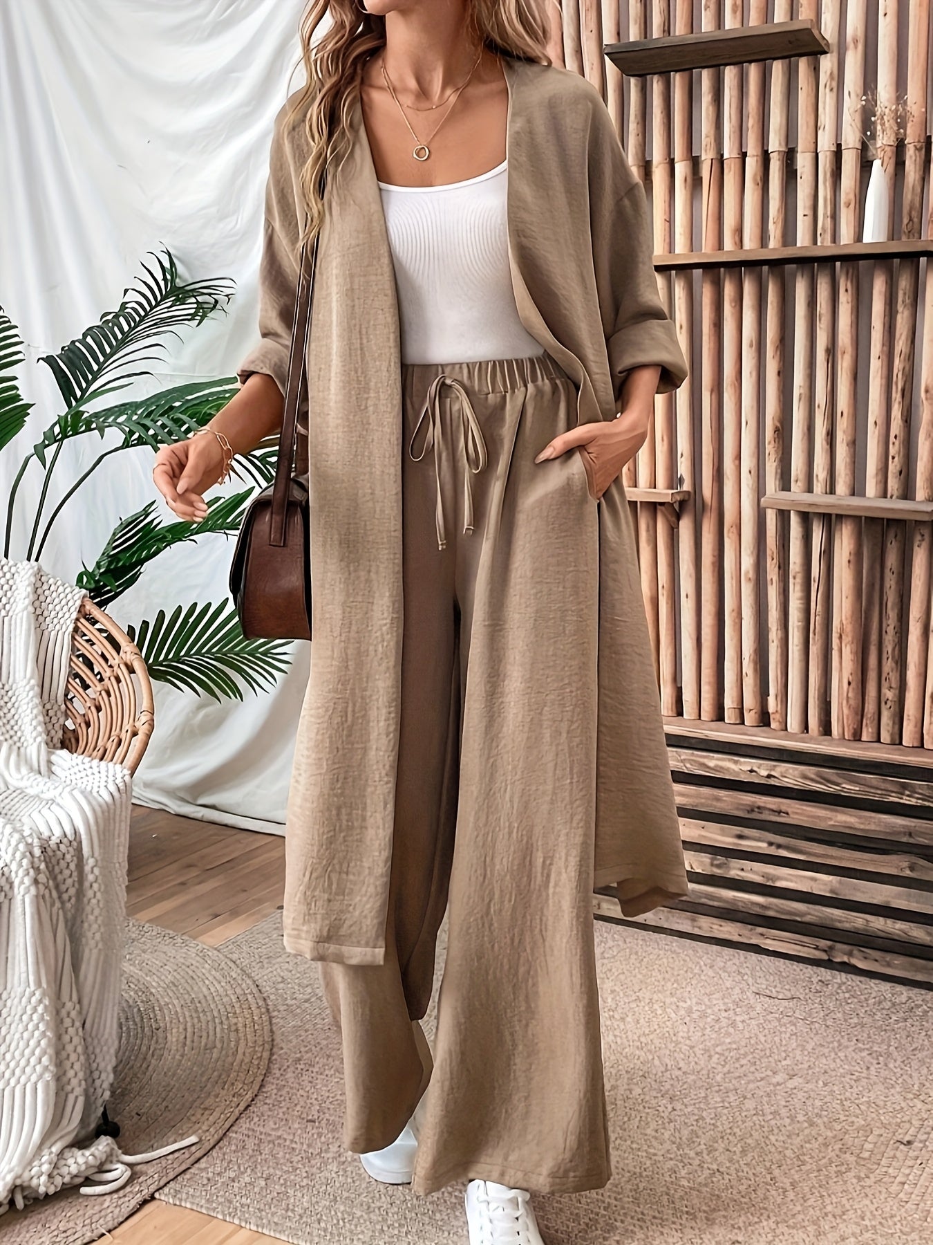 Women'S Loose Long Coat And Versatile Wide-Leg Pants Casual Two-Piece Suit