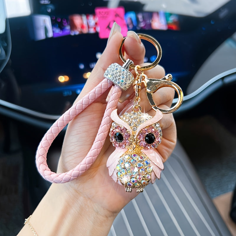 Rhinestone Owl Keychain - Cute Alloy Charm with Braided Rope, Sparkling Cartoon Owl Design, Perfect for Car Keys & Bags, Ideal Birthday Gift, Novelty Keychai