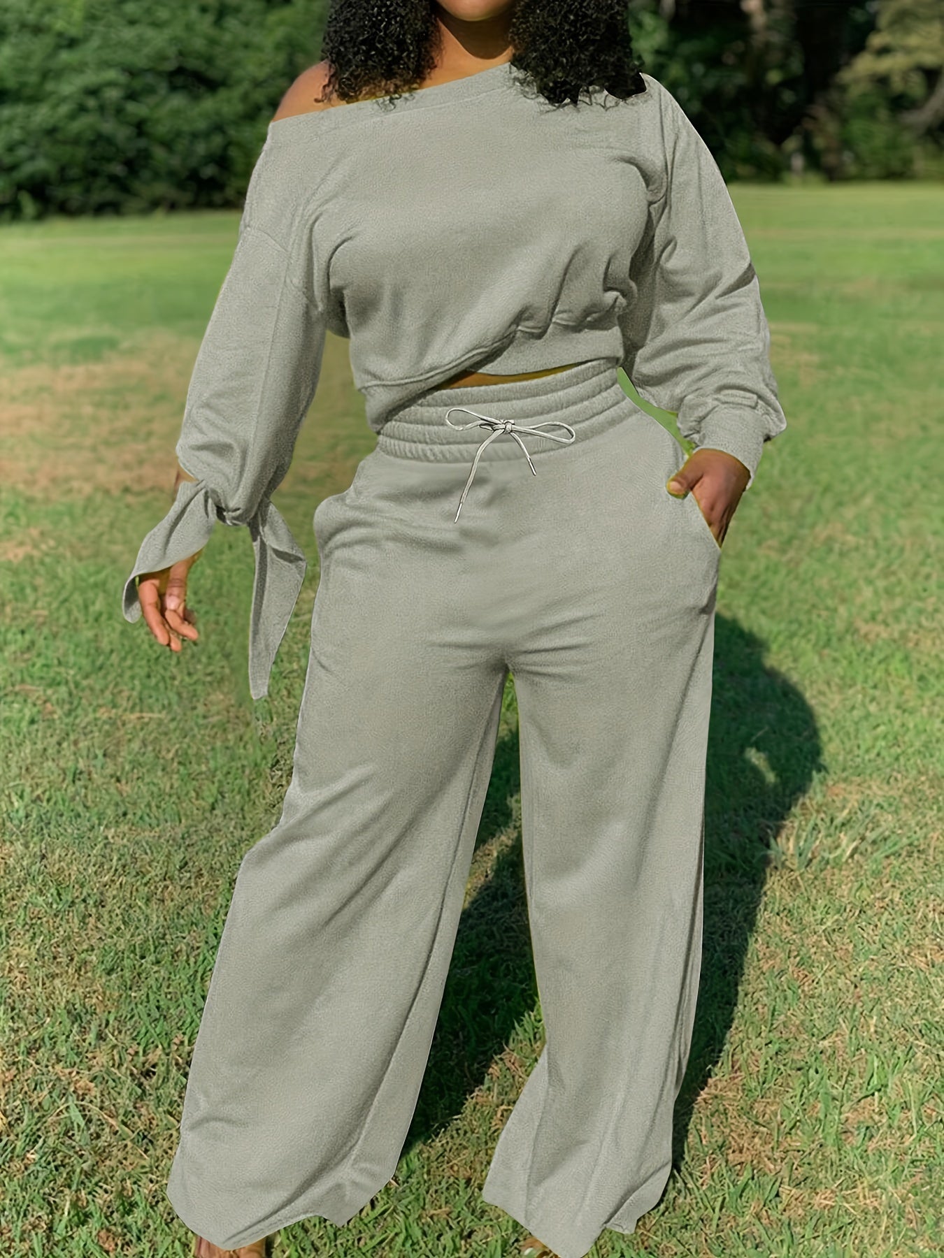 1set Women'S Solid Color Asymmetrical Sleeve Sweatshirt and Pants Set, Casual Crew Neck Polyester Knit Fabric, All-Season Lounge Wear