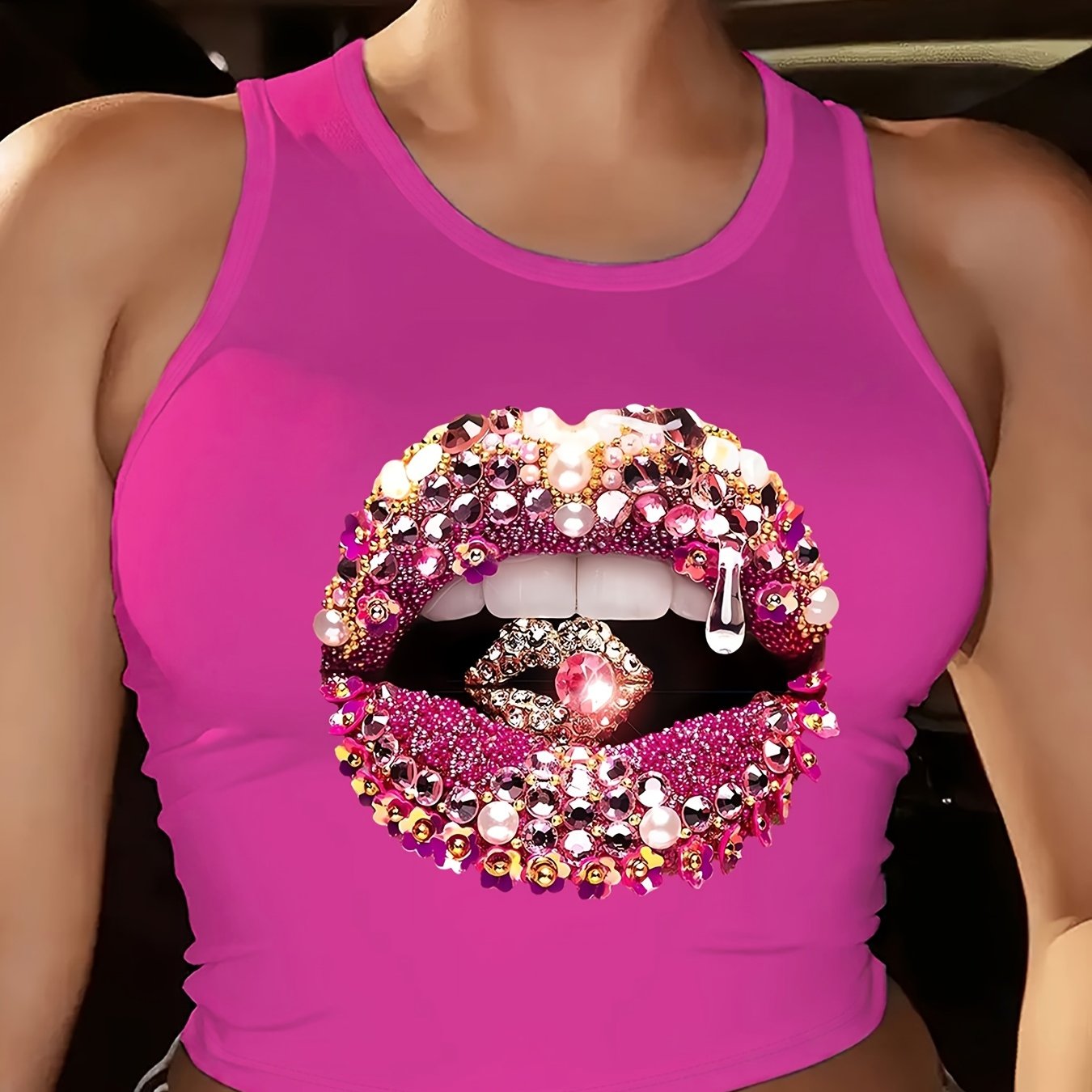 Glamorous Lip Print Tank Top with Rhinestones & Sequins - Sleeveless, Round Neck, Casual Fashion for Women, Spring/Summer Collection, Rhinestone Embellishments, Vibrant Colors, Blingy Style, Ladies Tank Tops