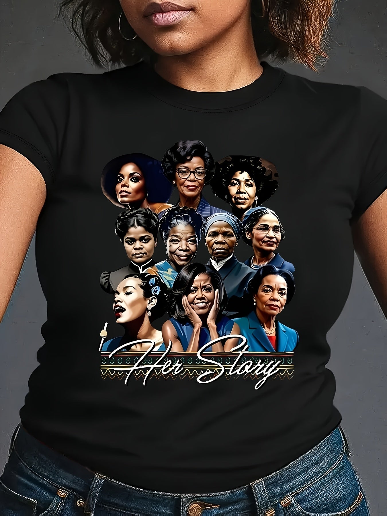 Women's Empowerment Black T-Shirt with "HOT STORY" & Iconic Portraits - Casual Crew Neck, Short Sleeve, Polyester, Machine Washable - Perfect for Spring/Summer, Spring Summer Apparel|Women's Empowerment Theme|Polyester Fabric