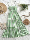 Elegant Green & White Striped Midi Dress with Adjustable Spaghetti Straps and Ruffled Hem - Machine Washable, Perfect for Spring/Summer/Fall