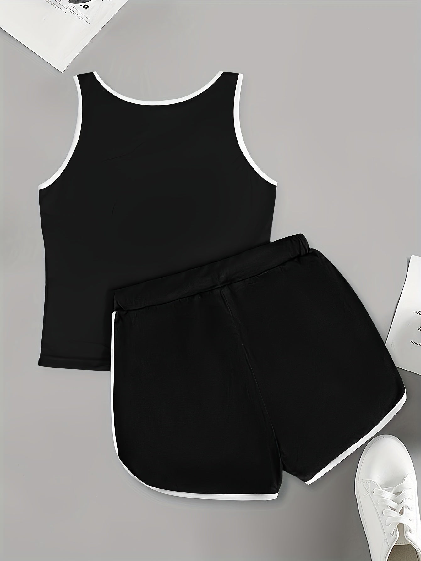 Trendy Heart Print Two-Piece Set - Sleeveless Tank Top with Contrast Trim and Drawstring Waist Shorts - Casual, Comfy, and Chic Women's Clothing for Summer