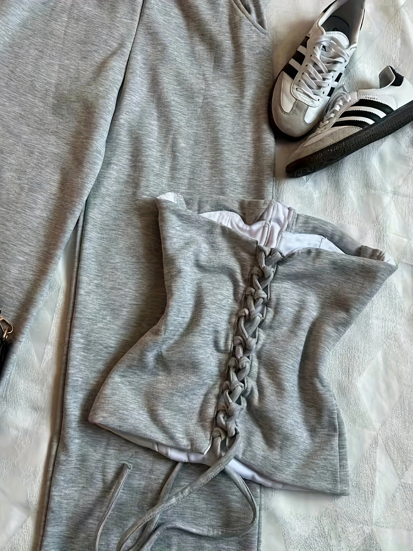 Women's Long Pants & Sleeveless Crop Hoodie Set – Casual Solid Color Two-Piece Loungewear with Drawstring Waist