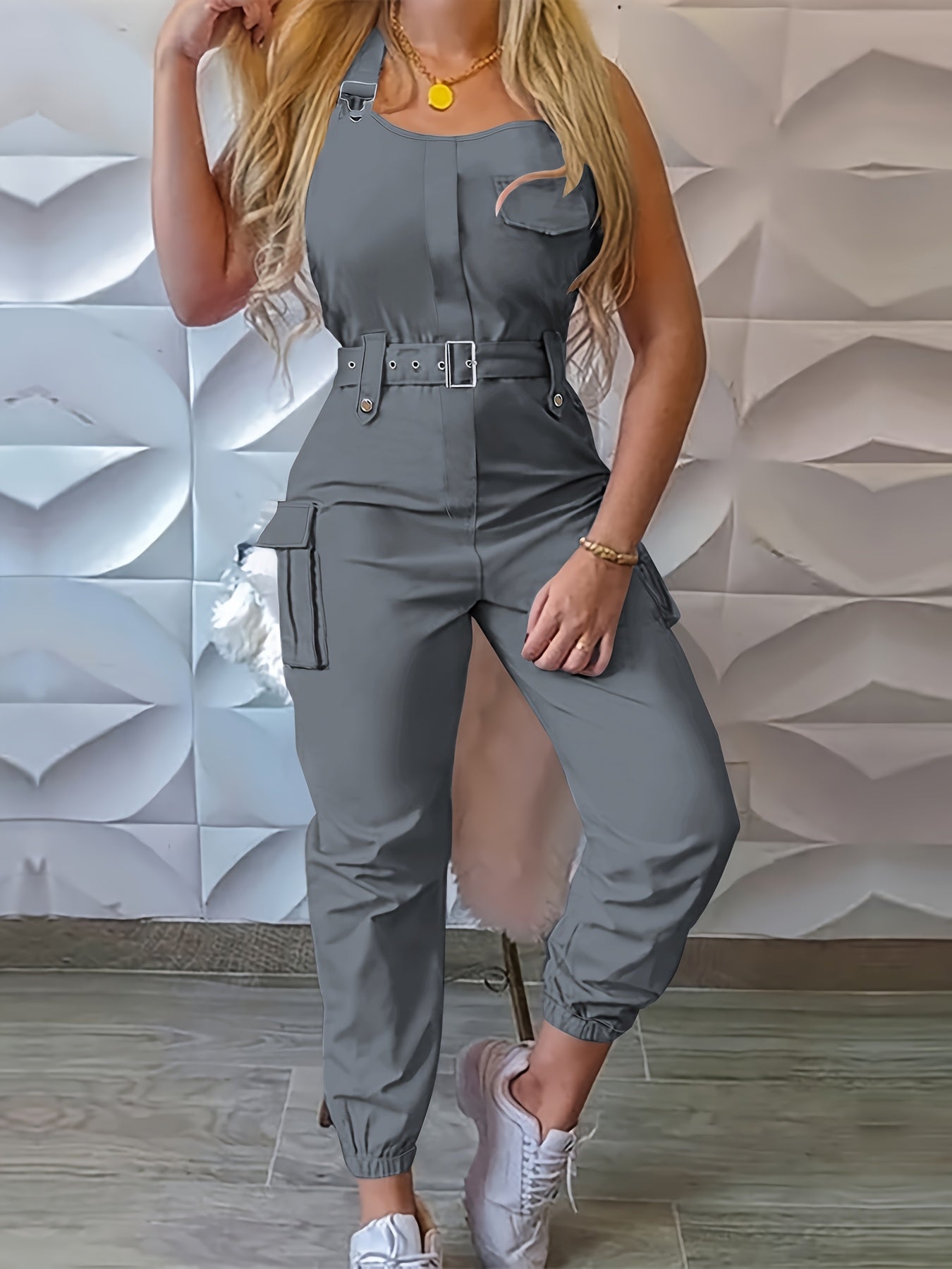 Solid Flap Pocket Cargo Jumpsuit with Belted Detail, Sleeveless Women's Casual Jumpsuit