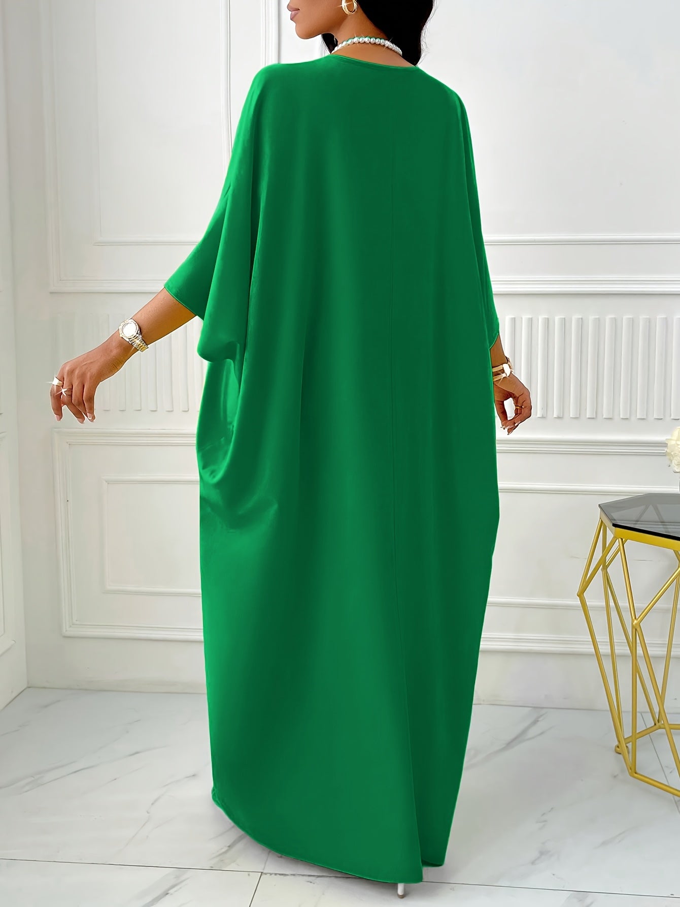 Elegant Solid Color V-Neck Cap Sleeve Side Slit Tunic Dress for Women - 100% Polyester Casual All-Season Long Dress