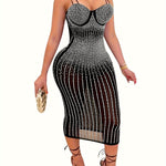 Elegant Off-Shoulder Rhinestone Halter Women'S Bodycon Dress - Sexy Mesh See-Through Long Sleeve Dress for Summer, Party, and Formal Events, Evening Event Attire | Halter Neck Dress | See-Through Mesh Fabric
