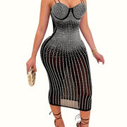 Elegant Off-Shoulder Rhinestone Halter Women'S Bodycon Dress - Sexy Mesh See-Through Long Sleeve Dress for Summer, Party, and Formal Events, Evening Event Attire | Halter Neck Dress | See-Through Mesh Fabric