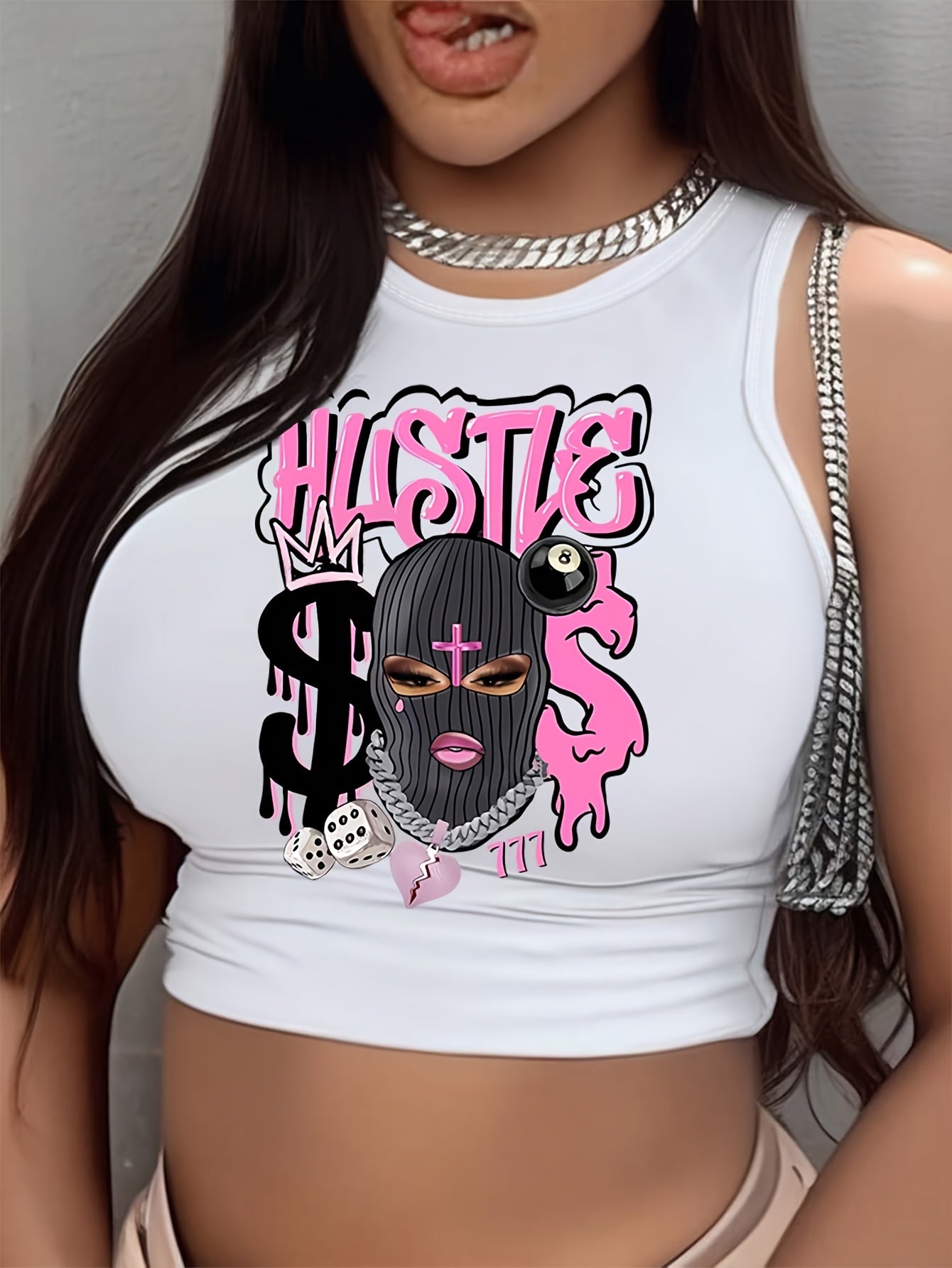 HUSTLE & Figure Print Crew Neck Tank Top, Casual Sleeveless Crop Tank Top For Spring & Summer, Women's Clothing