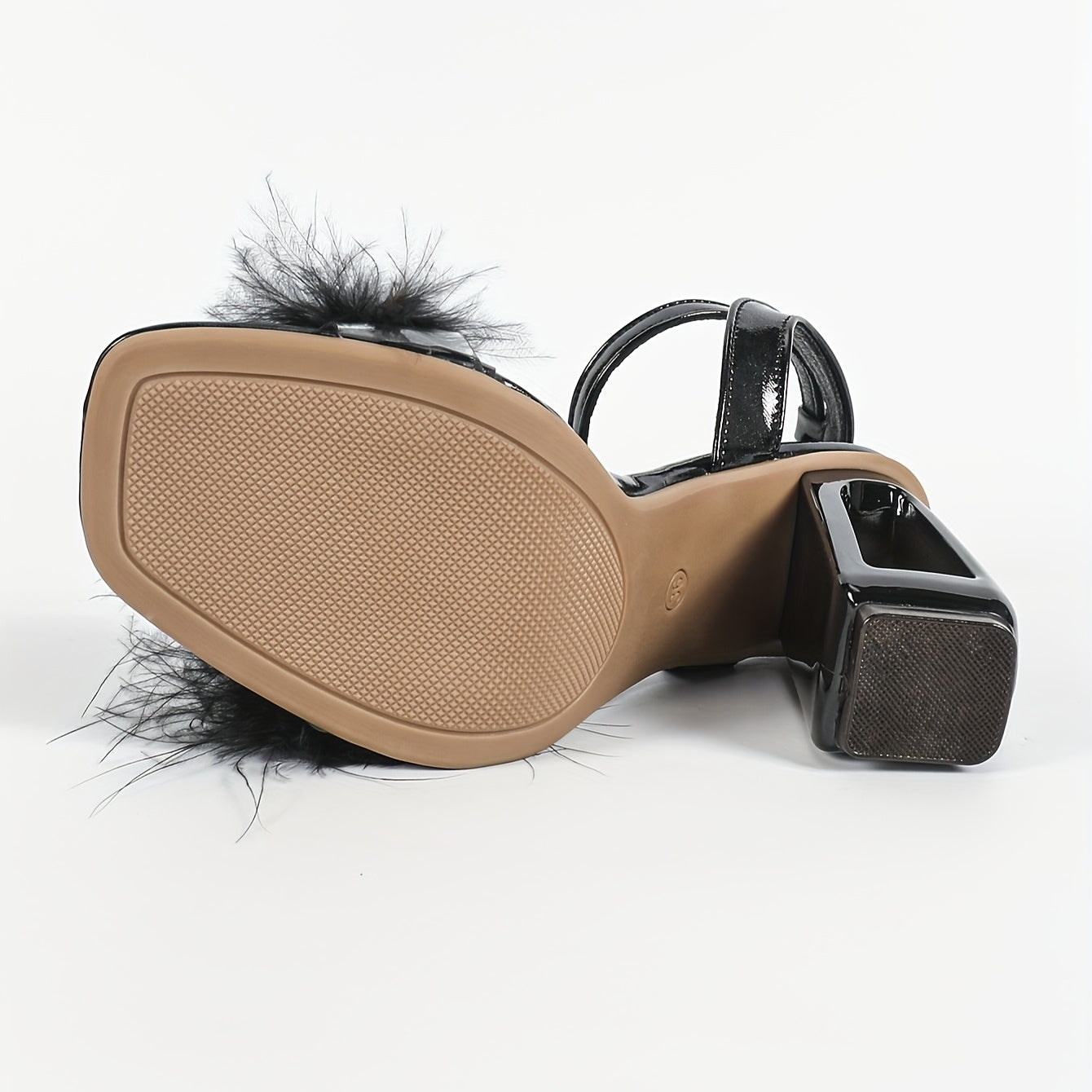 Women'S Fluffy Feather High-Heel Sandals with Ankle Strap - Black, Open-Toe, Block Heel, Perfect for Weddings, Parties, and Dances, Formal Footwear | Glamorous Footwear | Tpu Upper Material