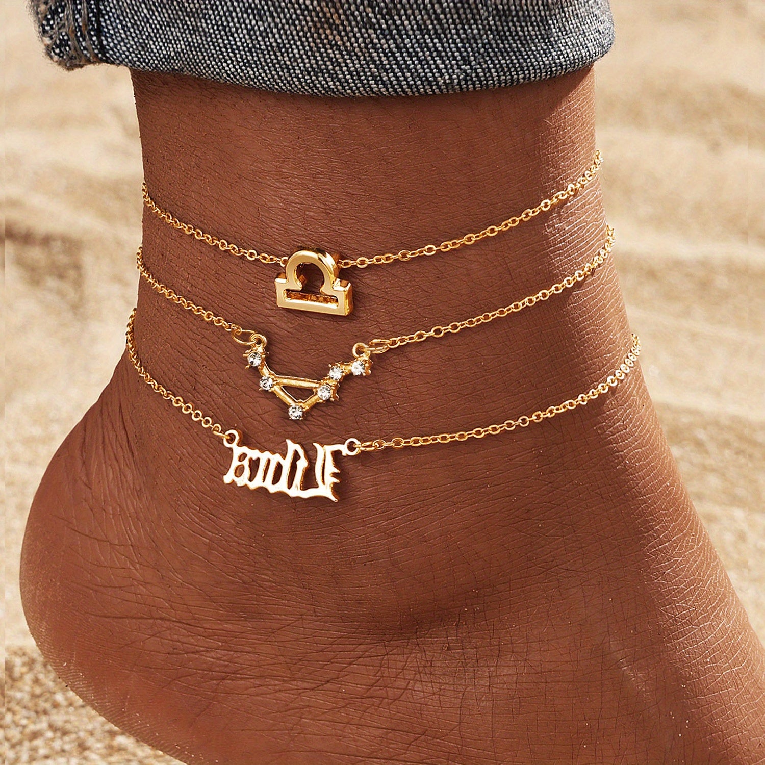 Alloy Inlaid Rhinestone Women'S Zodiac Ankle Chain, Spring And Summer, 3pcs of Beach Barefoot Accessories, Suitable for Vacations, Parties, Dates, Music Festivals
