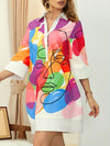 [Allseason Comfort] Vibrant Abstract Face Art Shirt Dress - Elegant Polyester Blend, Machine Washable, No-See-Through, All-Season Wear with Colorful Portrait Design and Collared Neckline for Women