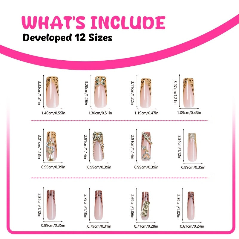 24pcs Luxury French Tip Press-On Nails Set, Leopard Print with 3D Golden Accents, Rhinestone Hearts & Dollar Symbols, Glossy Finish, Long Square False Nails for Women and Girls