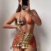 3-Piece Geometric Ombre Swimsuit Set - Stylish Halter Triangle Bikini with Adjustable Straps, Flowy Drawstring Wrap Skirt, Matching Headband, and Coordinating Heaf Scarf - Perfect for Womens Swimwear and Beachwear Occasions