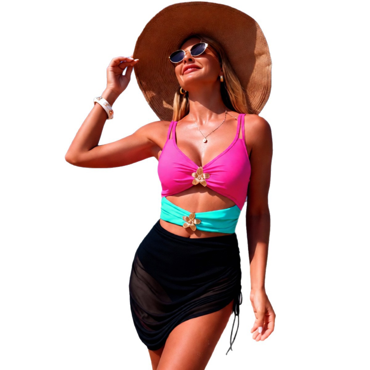 Color-Block Mesh One-Piece Swimsuit For Women